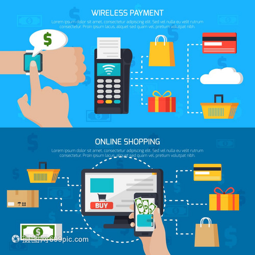 無(wú)線支付網(wǎng)上購(gòu)物橫幅無(wú)線支付網(wǎng)上購(gòu)物兩個(gè)水平橫幅與客戶用小工具購(gòu)買互聯(lián)網(wǎng)平矢量插圖